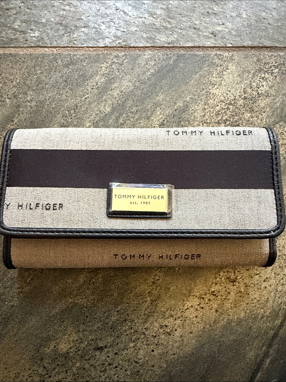 Tommy Hilfiger Beige and Brown Striped Canvas Wallet with Branded Plaque